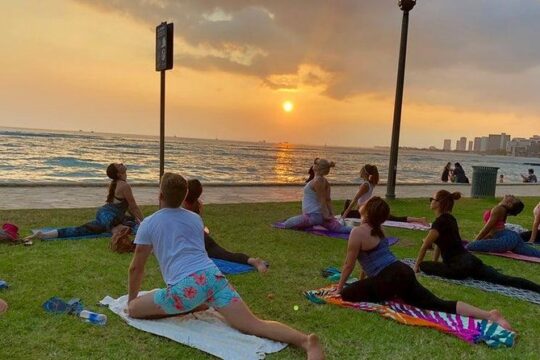 Beach Yoga on Waikiki with Diamondhead Backdrop